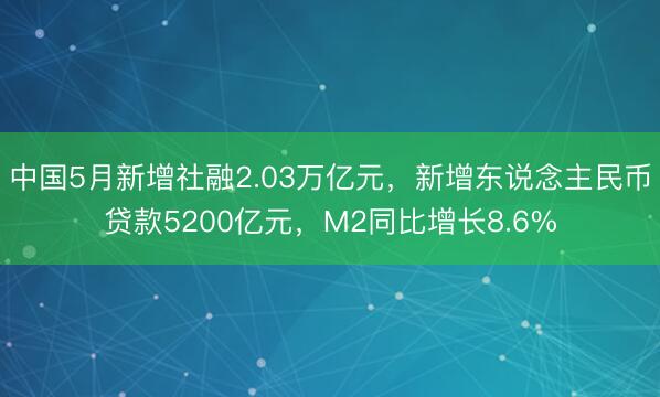 中国5月新增社融2.03万亿元，新增东说念主民币贷款5200亿元，M2同比增长8.6%